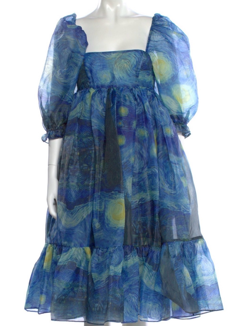 Selkie Blue Swirl Midi Dress with Puff Sleeves - Picture 2 of 4